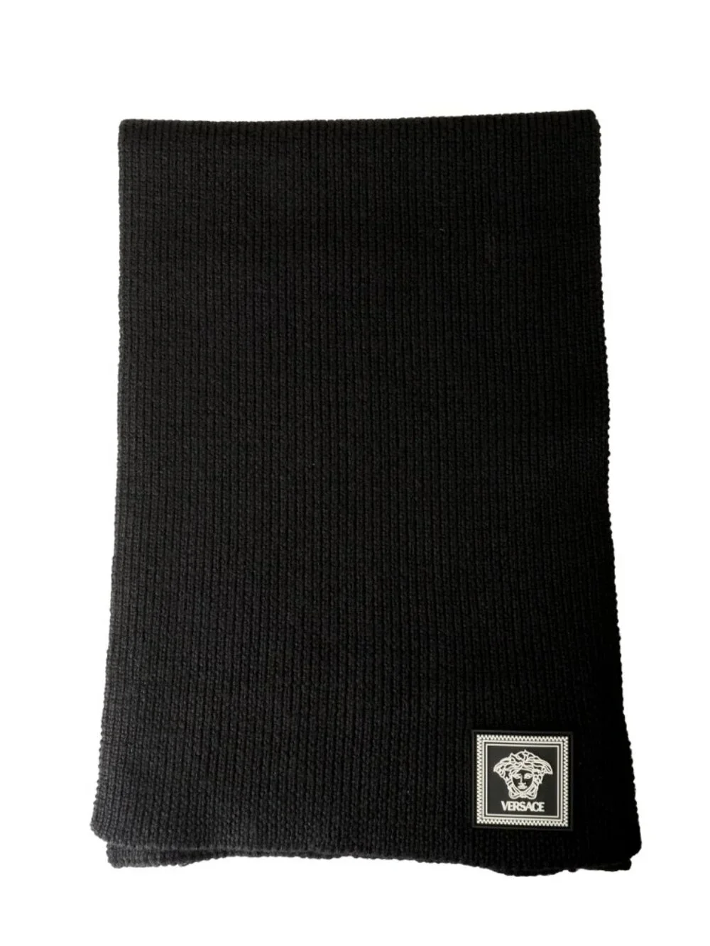 Versace Unisex Black 100% Wool Ribbed Knitted Long Scarf